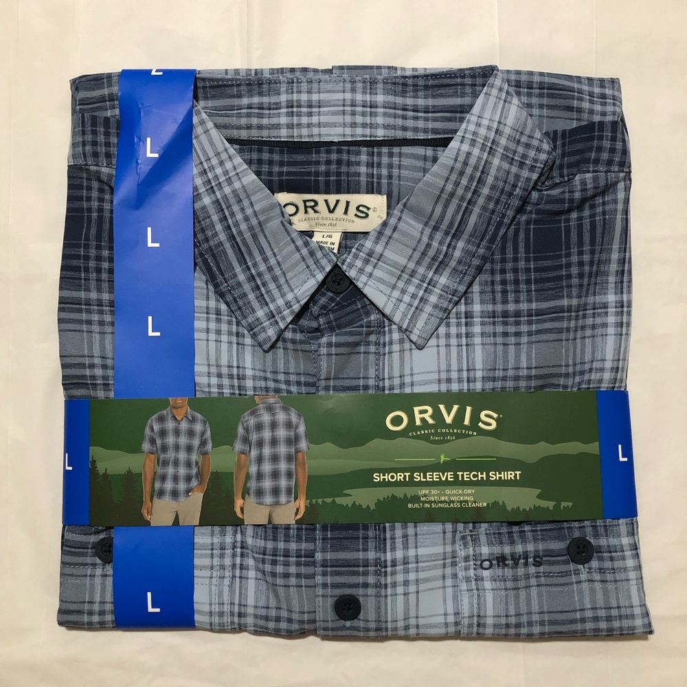 NWT Orvis Men’s Short Sleeve 100% Polyester Collared Blue Plaid Tech Shirt L